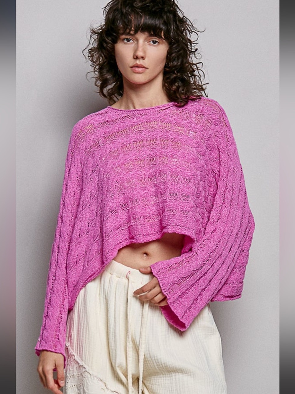NWT POL Round Neck Twisted Cable Knit Thin
Sweater Open-Knit Cropped Sweater